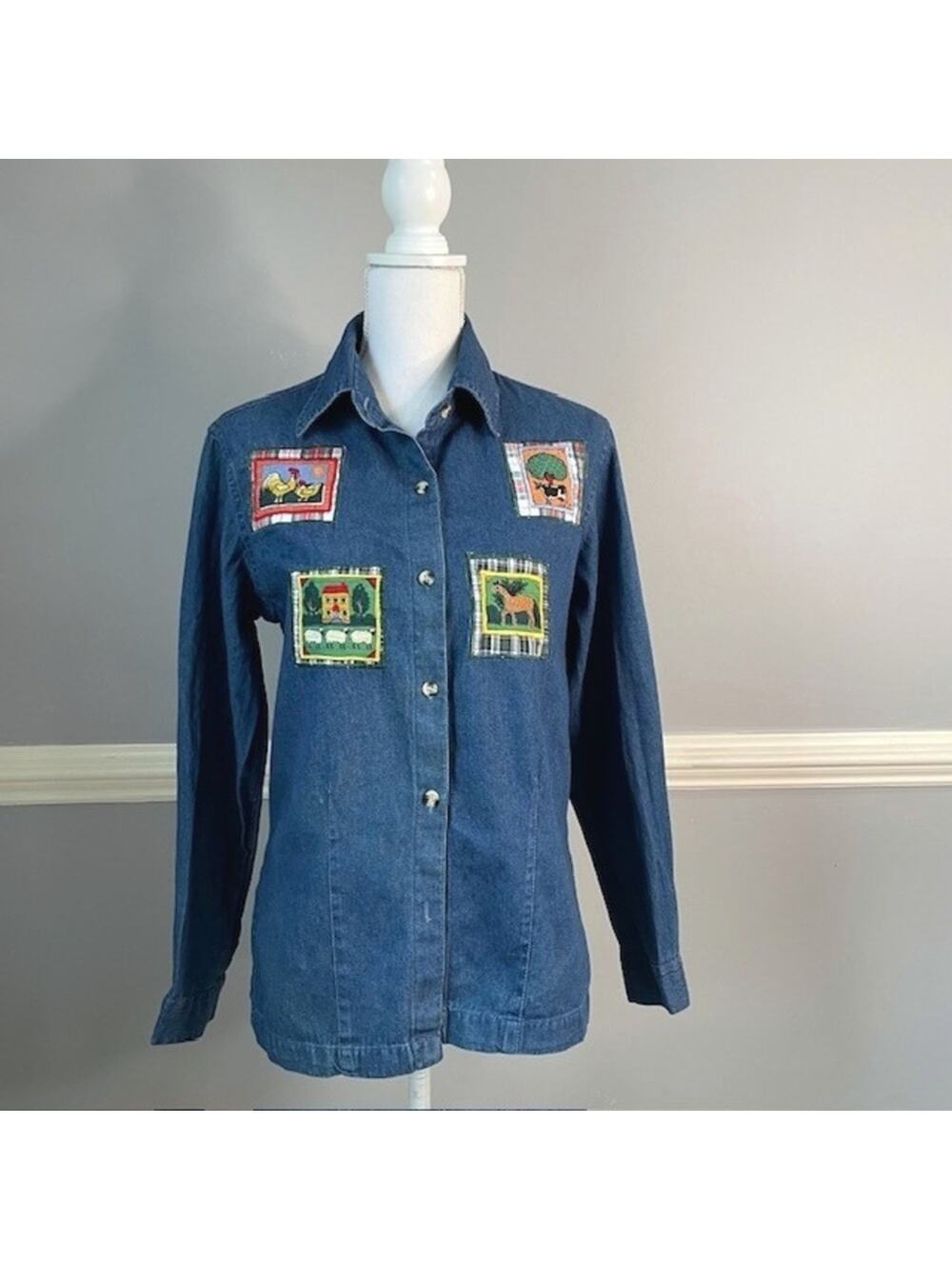 Take Two Clothing Co Denim Shirt Jacket Patchwork M Teacher Academic Nerdy Girl